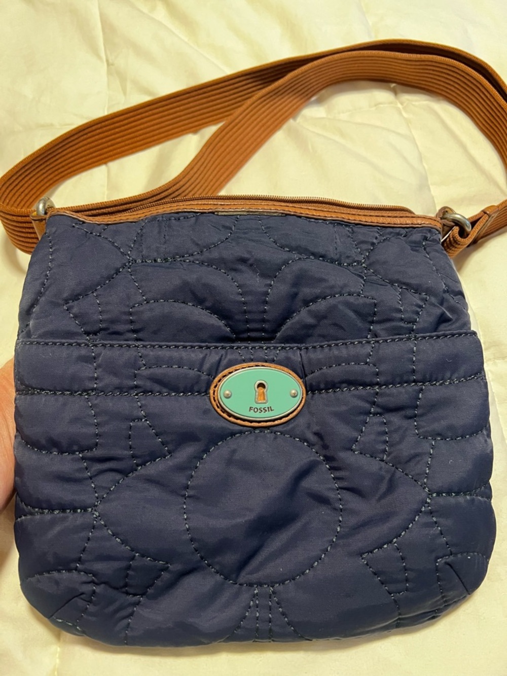 Fossil Quilted Navy Crossbody with Tan Strap and Turquoise Logo